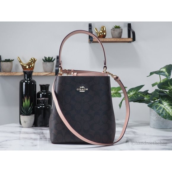 NWT Coach Small Brown Signature Canvas Shell Pink Town Bucket Crossbody Bag NEW - Picture 2 of 9
